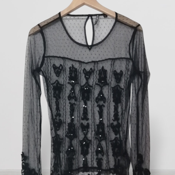 Guess Tops - Guess Sheer Black Sequin-Embellished Long-Sleeve Mesh Blouse